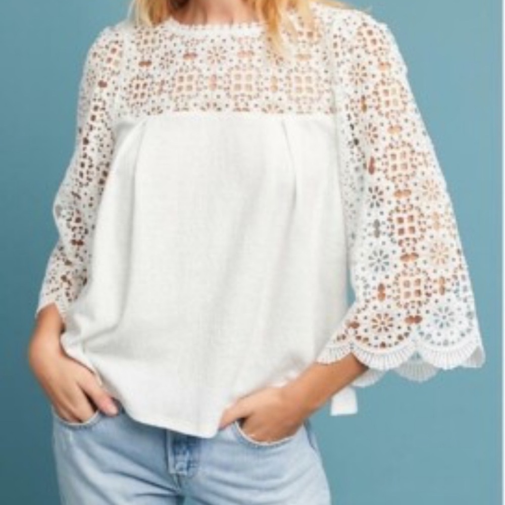 Anthropologie Eri & Ali marigold lace blouse women’s small white